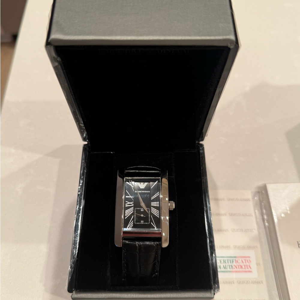Emporio Armani Black and Silver Rectangular Watch